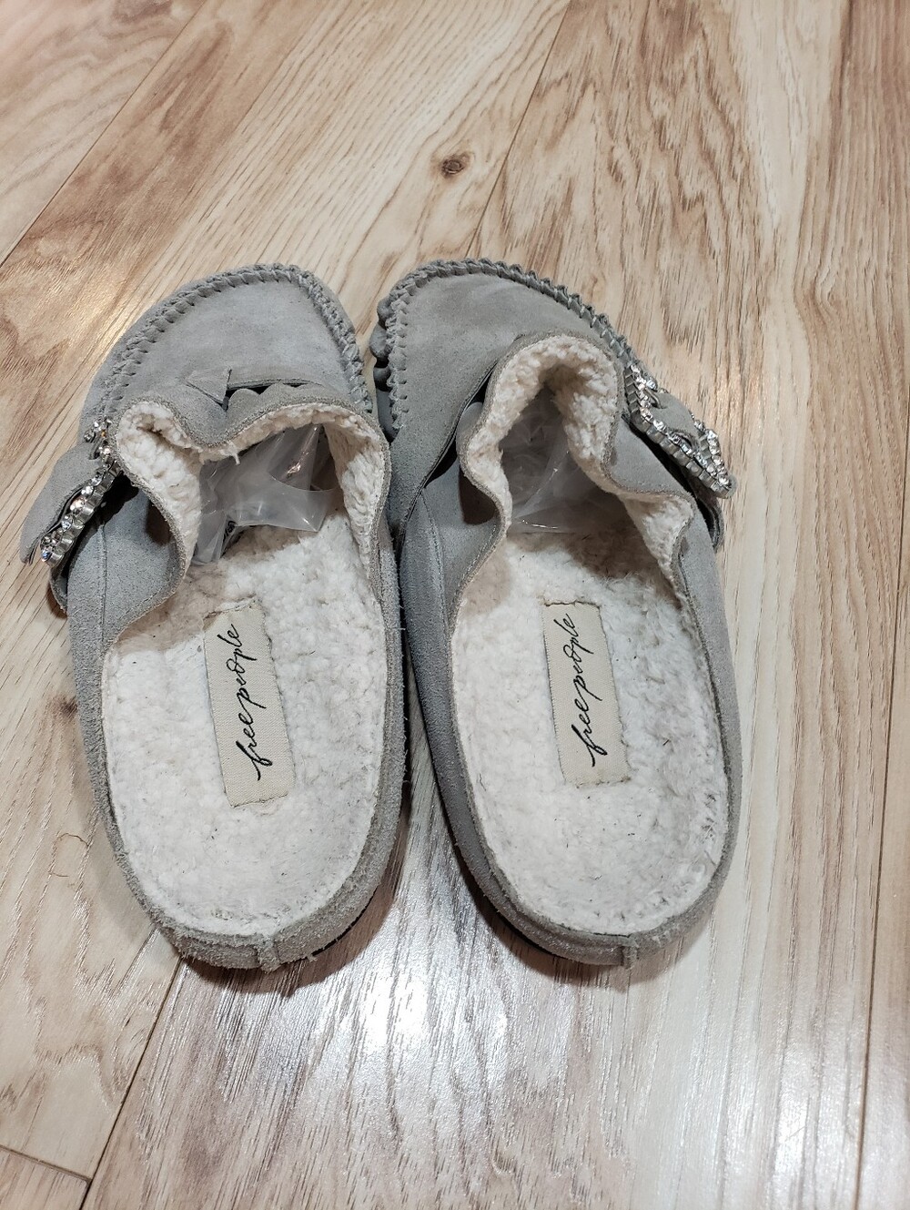 Free People After Riding Mules In Gray Suede Shearling Lining Crystal Buckle 7 - Picture 6 of 6